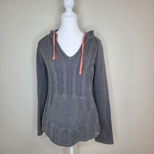 Roxy Grey Cable Knit Hooded Sweater Kangaroo Pocket Pink Drawstring Size S